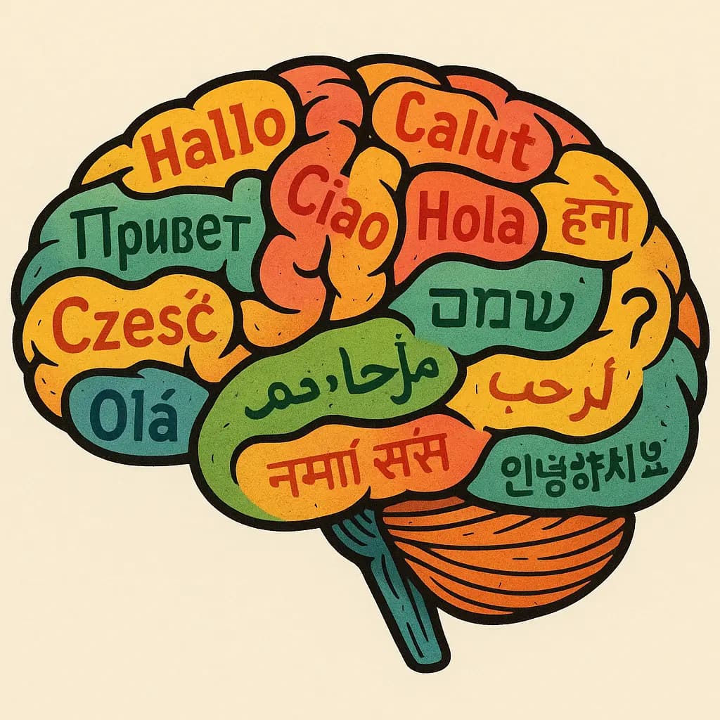 A visual representation of the cognitive benefits of multilingualism, showing brain regions enhanced by language learning